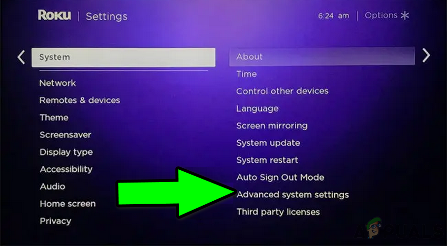 Open Advanced System Settings on the Roku Device