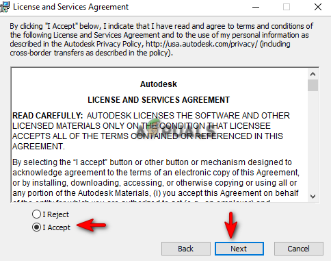 Accepting the License and Services agreement