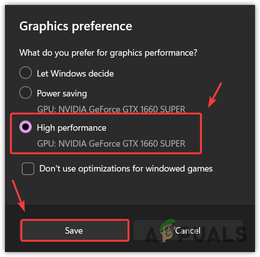 Changing Graphics preference settings to high performance