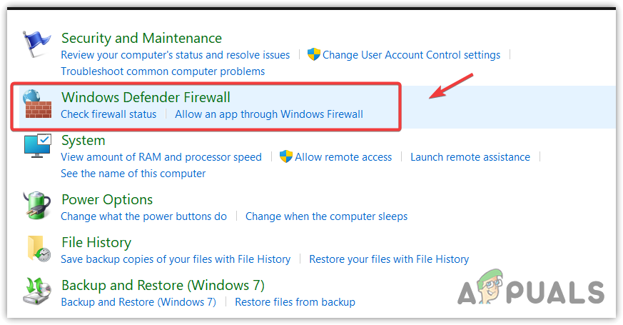 Navigating to Windows Defender Firewall settings