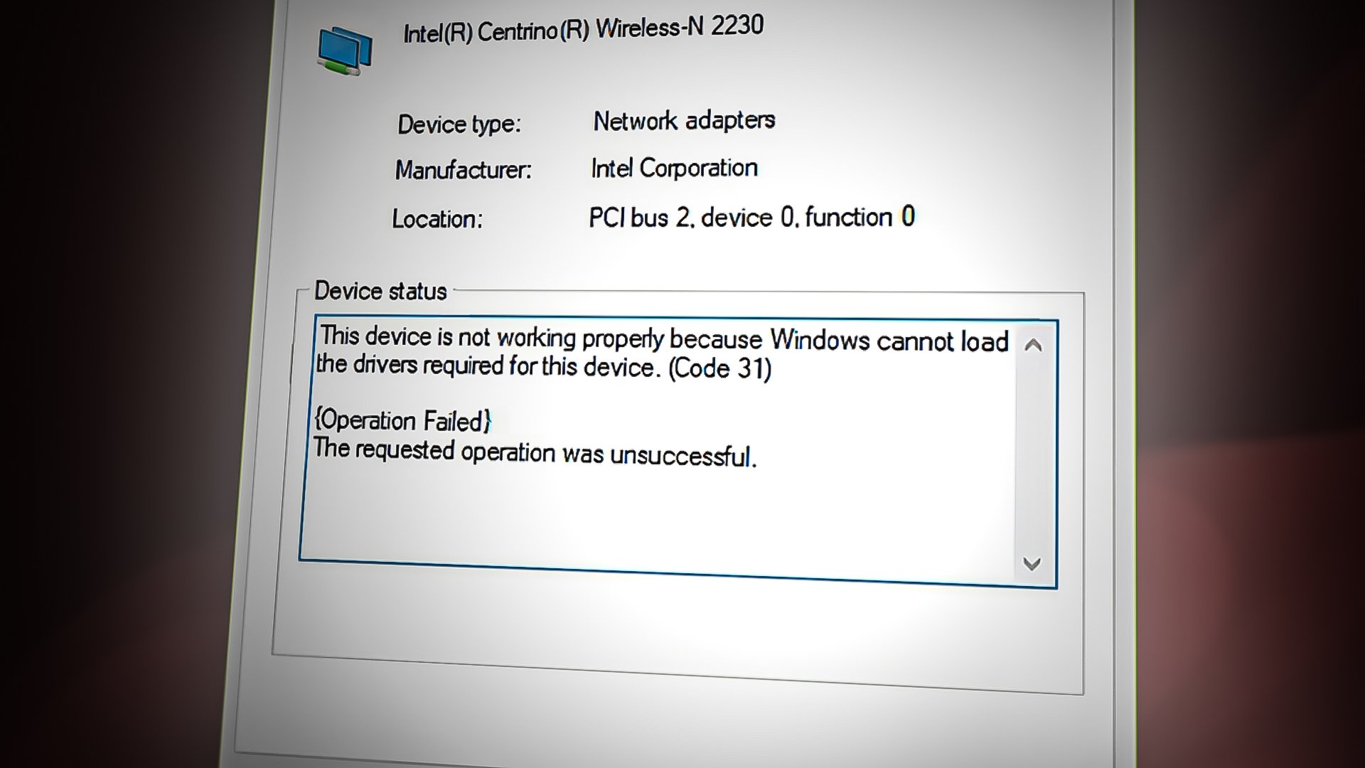 Network Adapter Device Status showing "Code 31"