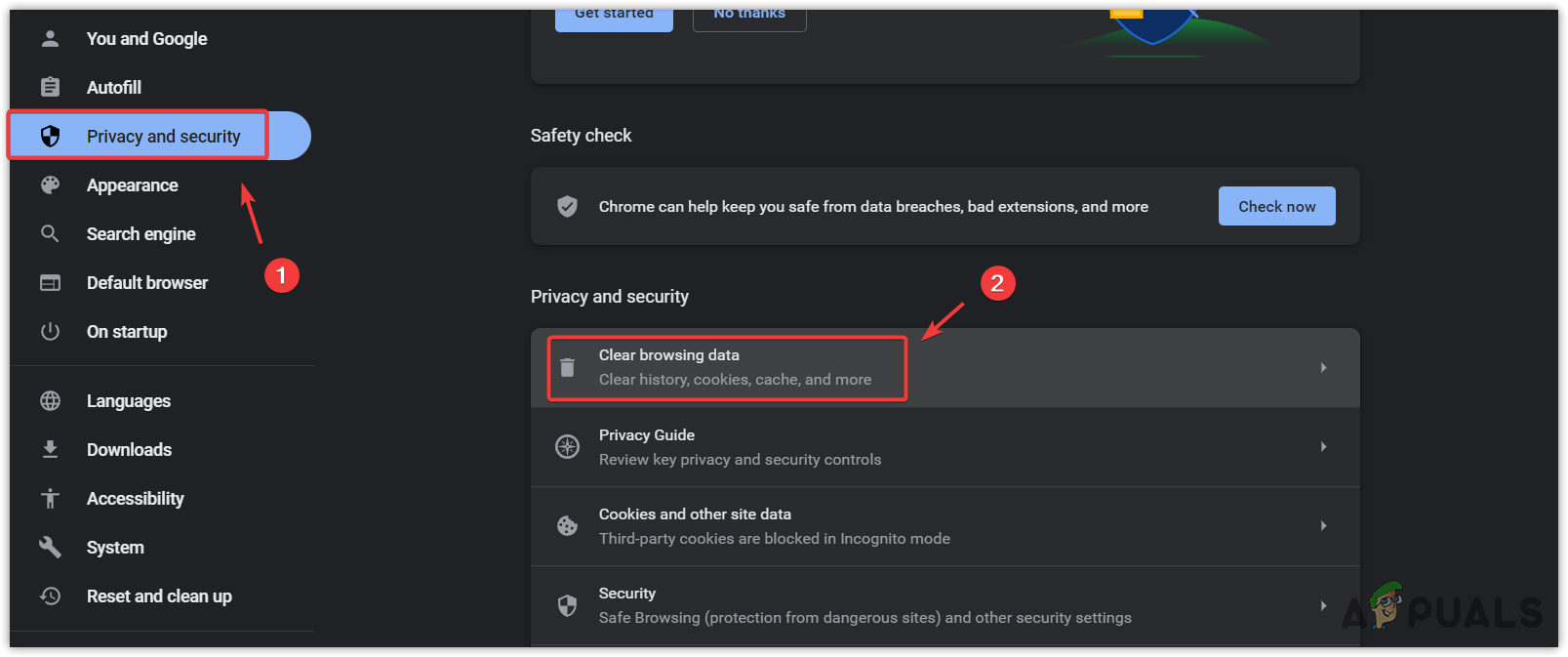 Opening clear browsing data settings on Google Chrome