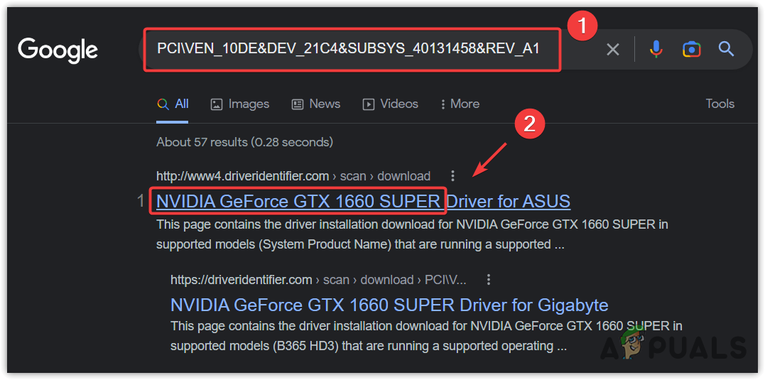 Pasting GPU Hardware Id on Google to find out the GPU name