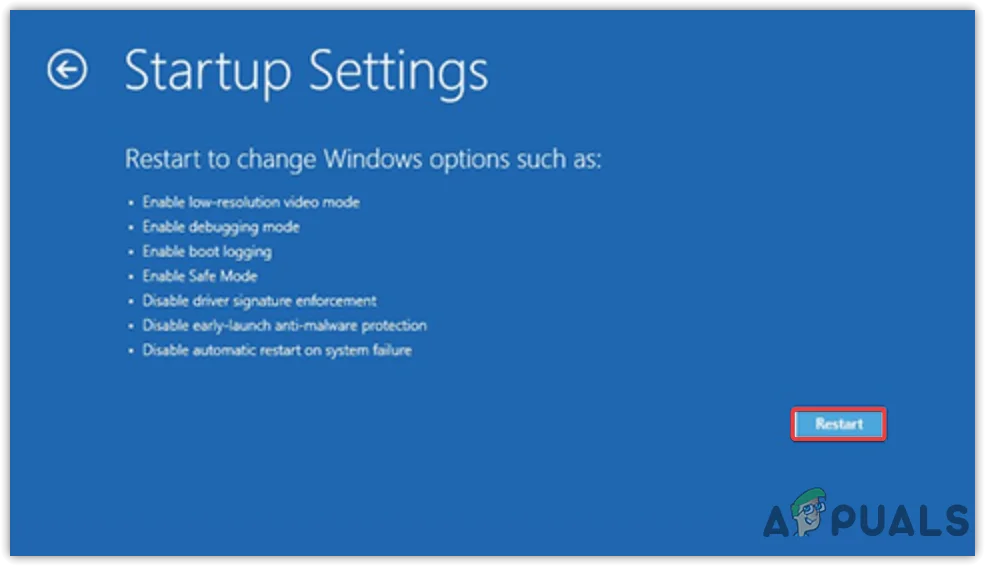 Restarting Windows to use Startup options