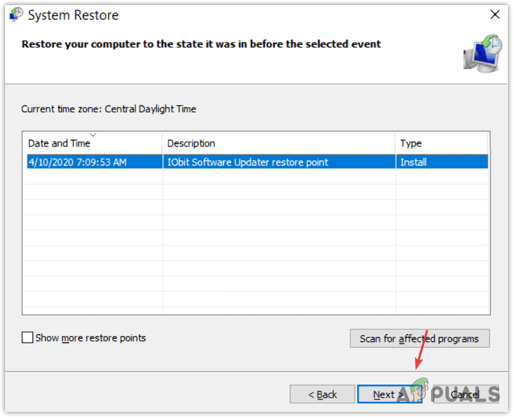 Selecting a system restore point