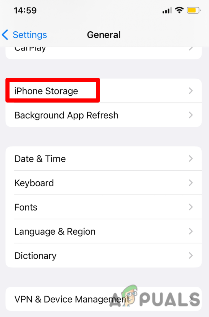 Access the Iphone Storage menu