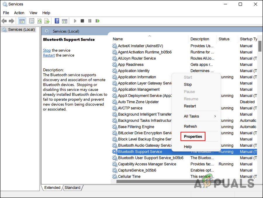 Access the properties of Bluetooth support service