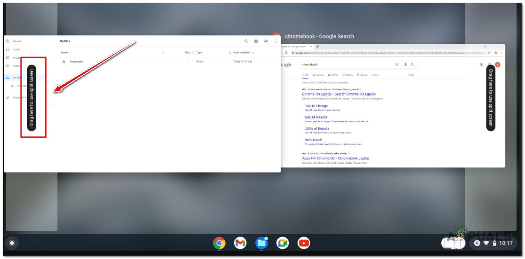 Using the split screen feature via the 'Show Windows' button on Chromebook