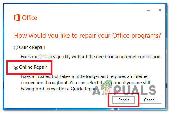Initiate an Office repair