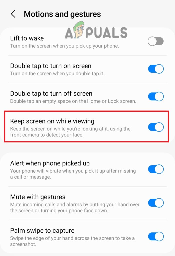 Turn on the toggle key for "Keep screen on while viewing."