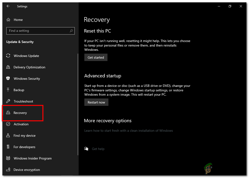 "Recovery" in the left panel of Update & Security