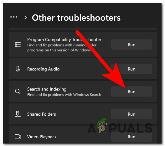 Running the Search and Indexing troubleshooter