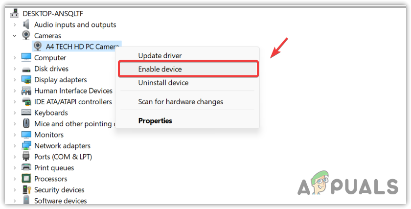 Enabling Camera driver from device manager