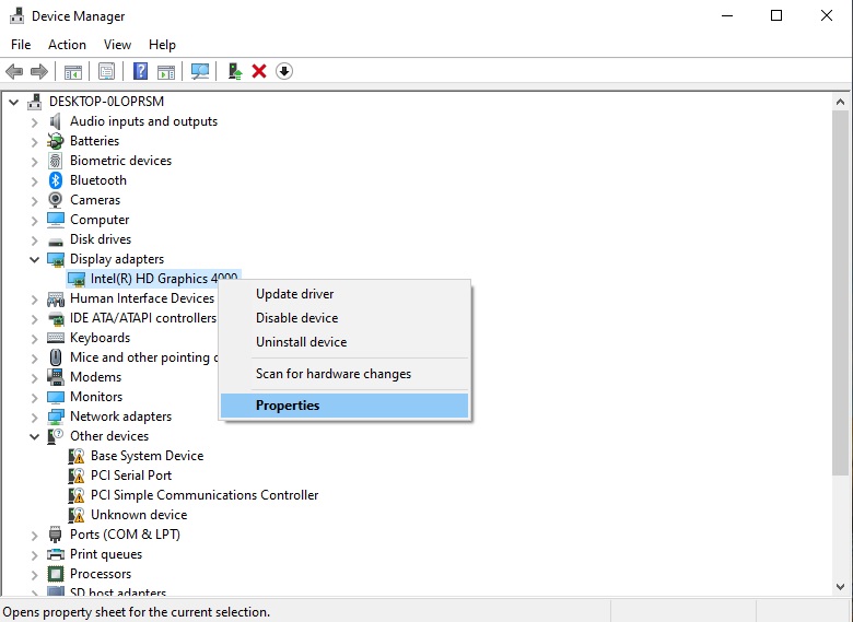 Graphics driver settings in Windows 10