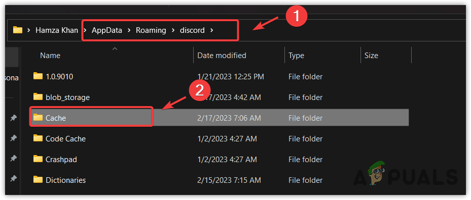 Navigating to the Discord Cache folder