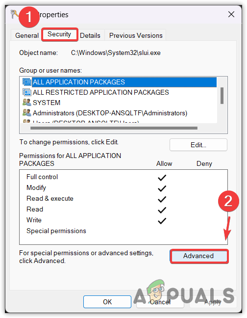 Opening Advanced Security Settings