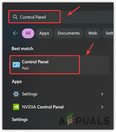 Opening Control Panel by searching in the start menu