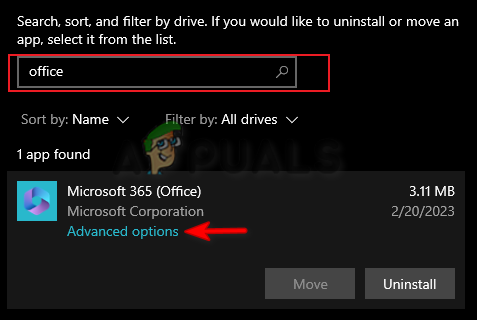 Opening Microsoft 365 advanced options