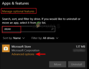 Opening Microsoft Store Advanced options