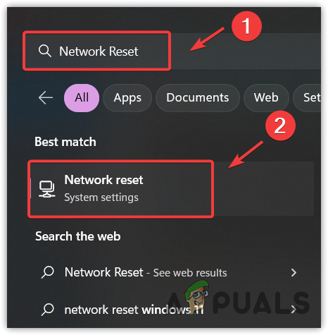 Opening Network Reset settings by searching it from Start Menu