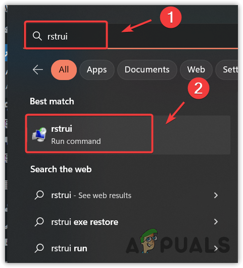 Opening System Restore settings by searching it from start menu