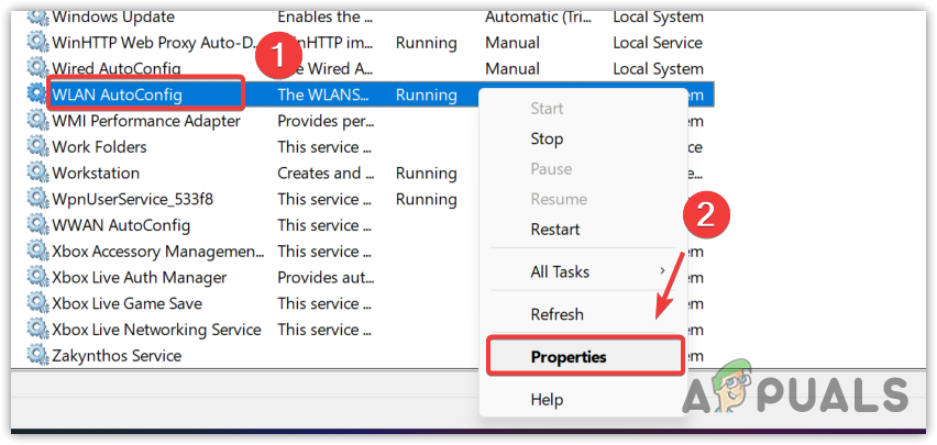 Opening WLAN AutoConfig Service Properties