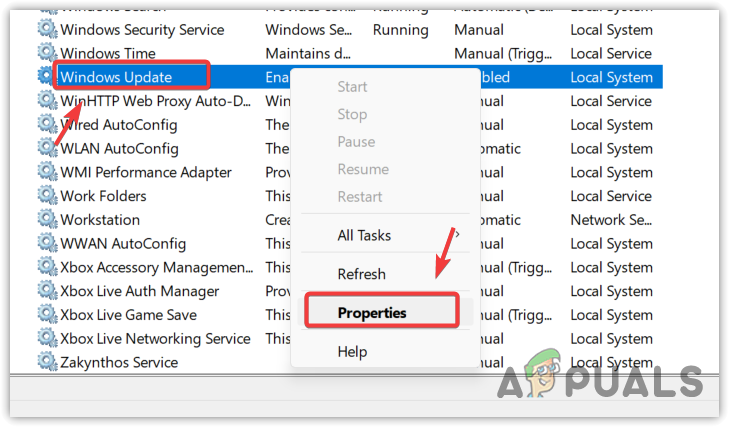 Opening Windows Update properties