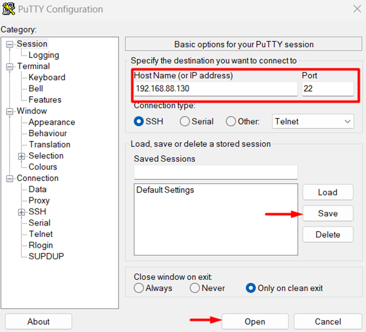 Host name or IP address in PuTTY