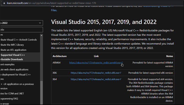 Microsoft Visual C++ download page