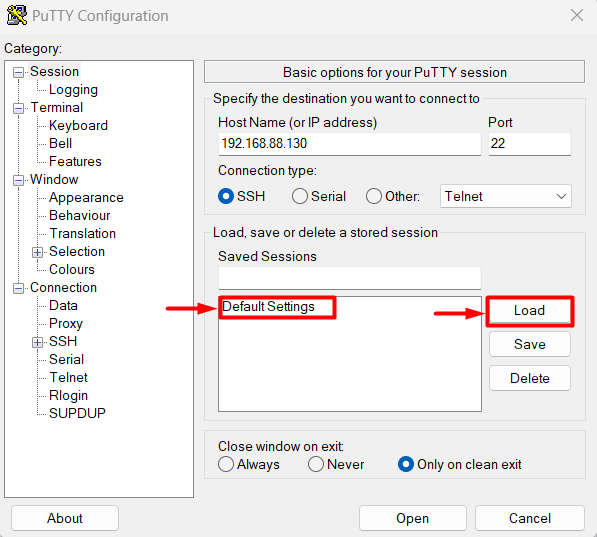 PuTTY configuration settings