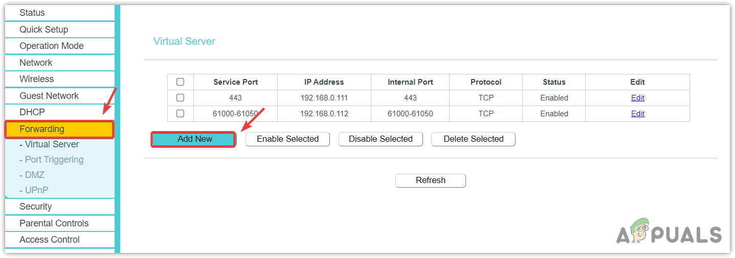 Proceeding to add a Port on Router admin panel