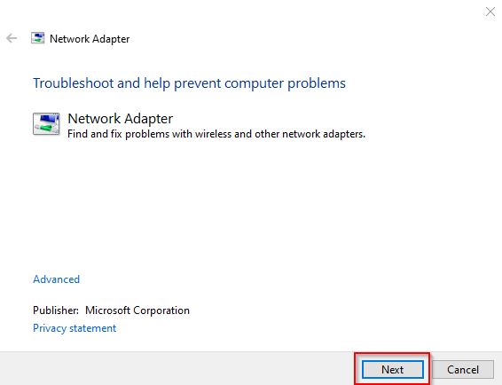 Running Network Adapter troubleshooter