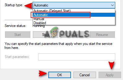 Setting Startup type to Automatic
