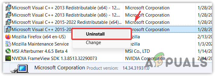 Uninstalling Microsoft Visual C++