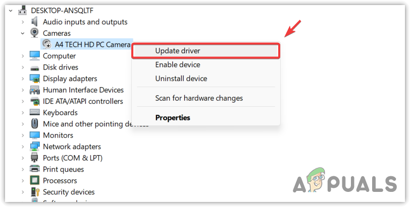 Updating Camera driver from device manager