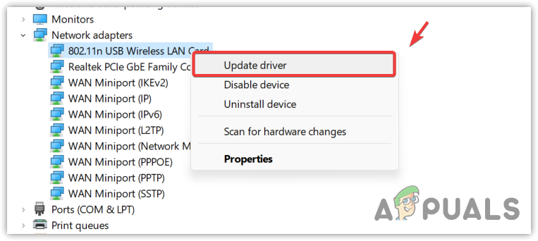 Updating Network Adapter from device manager