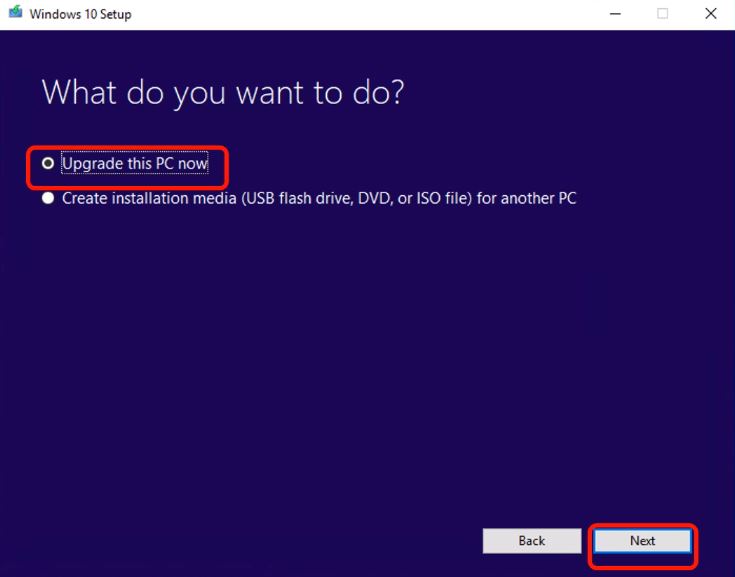 Upgrade this PC now option in Windows 10 Setup