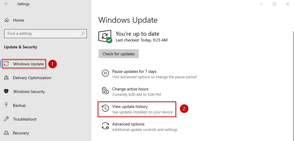 Viewing Windows update history
