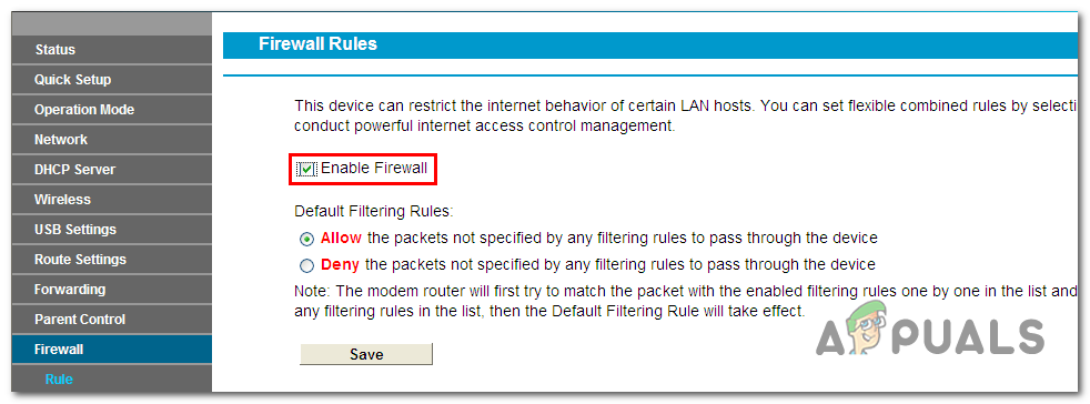 Disabling the Firewall option