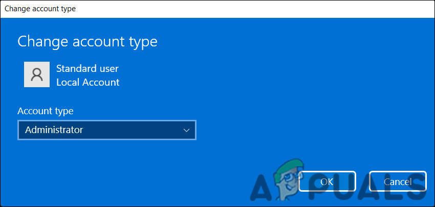 Set the account type to Administrator