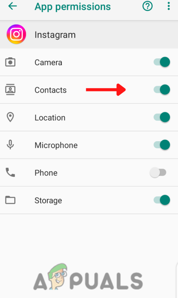 Enable permission for contacts 