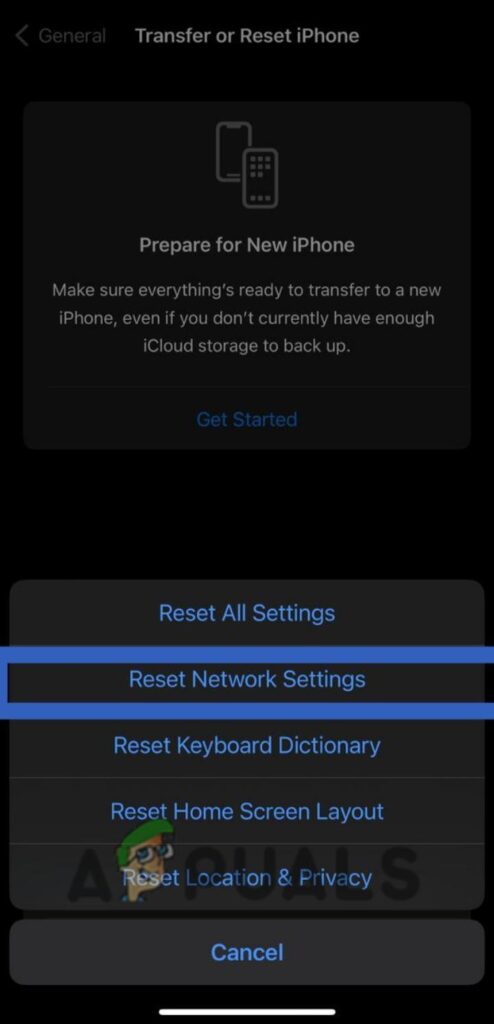 Select Reset in Transfer or Reset iPhone settings