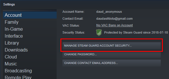 Clicking on Manage Steam Guard Account Security...
