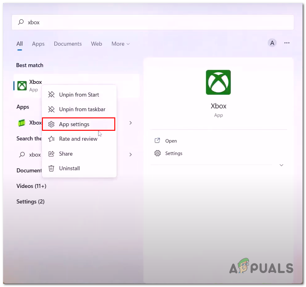 Opening the app settings of the Xbox application