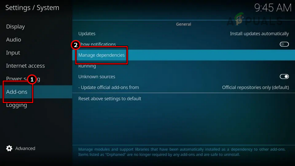 Open Manage Dependencies in the Add-ons Tab of Kodi Settings