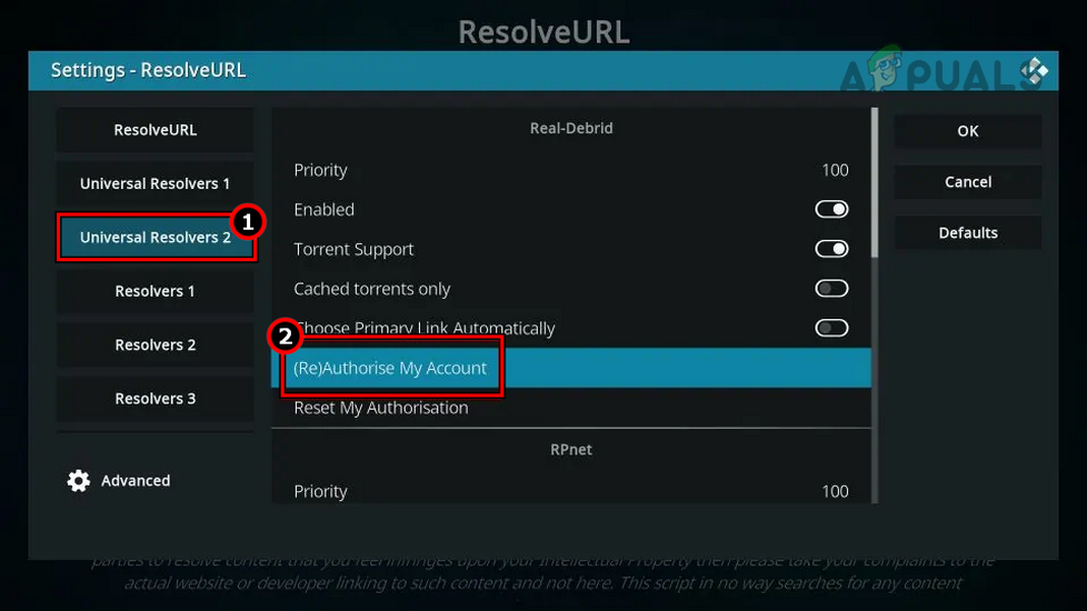 Click on (Re)Authorise My Account in Universal Resolver 2