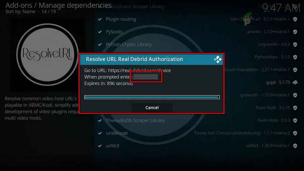 Copy Real Debrid Authorization Code in Kodi