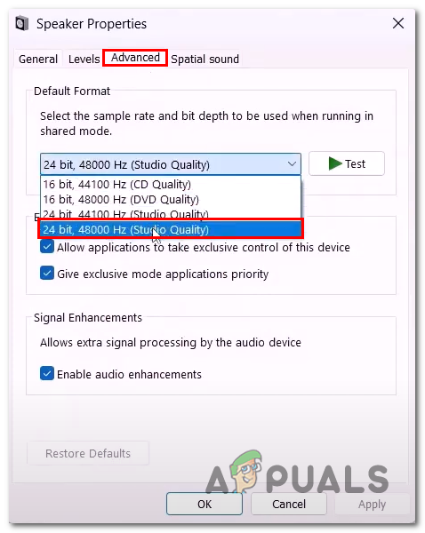 Selecting the 48kHz audio sample rate in the advanced audio settings 
