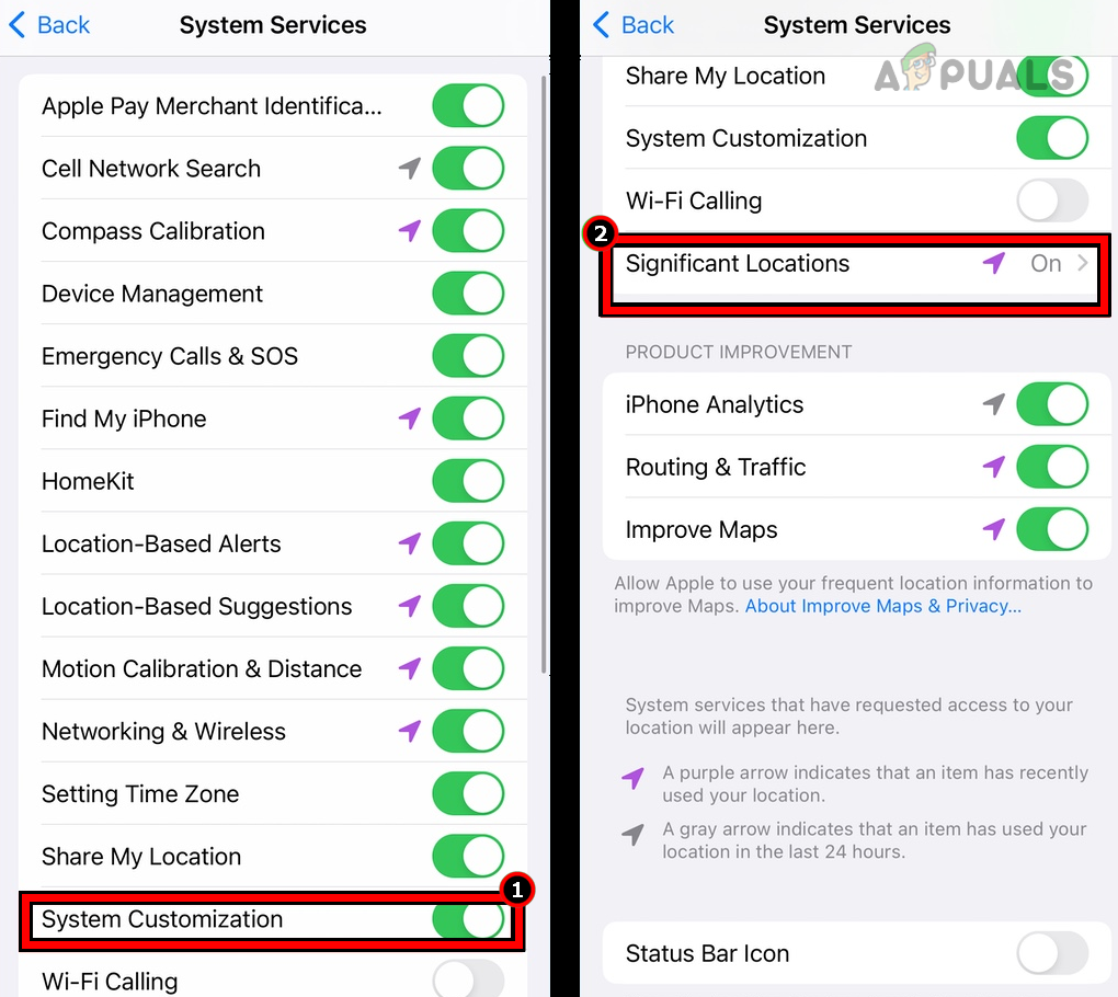 Enable System Customization and Significant Locations in the iPhone Location Services