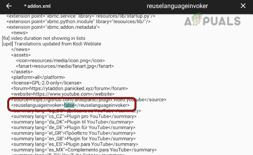 Change reuselanguageinvoker to False in Addon XML File of YouTube Addon